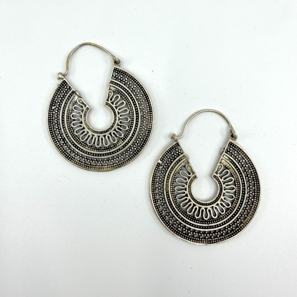 Boho Silver Tribal Hoop Earrings Ethnic Statement Dangle Jewelry